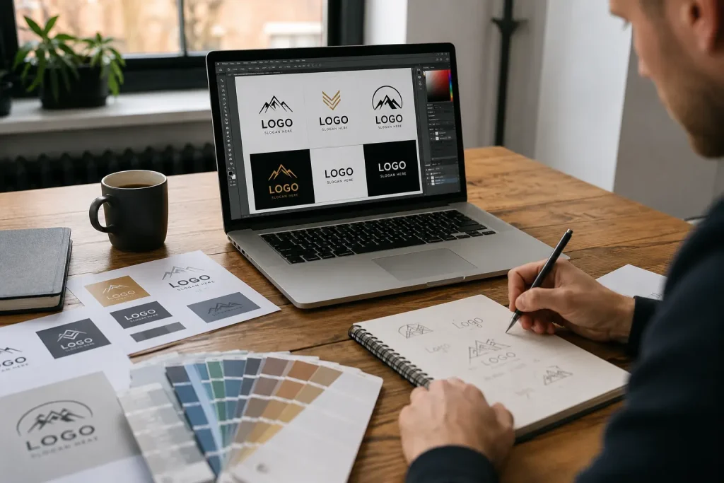 Grafik projektujący logo firmy przy laptopie, obok szkiców, próbek kolorów i materiałów identyfikacji wizualnej.