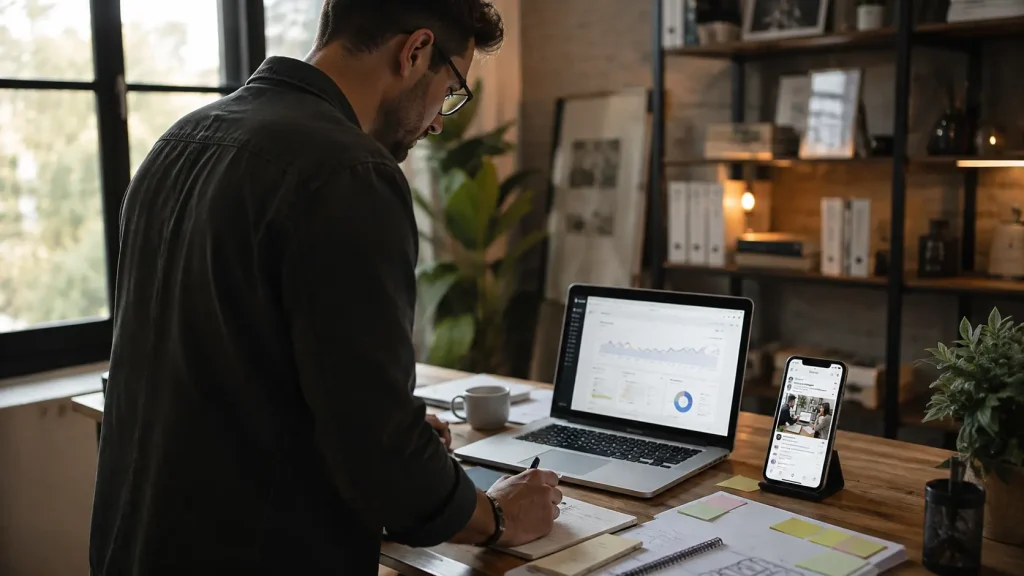 Specjalista analizuje wyniki kampanii reklamowych na laptopie i smartfonie, planując działania Google Ads i Meta Ads.
