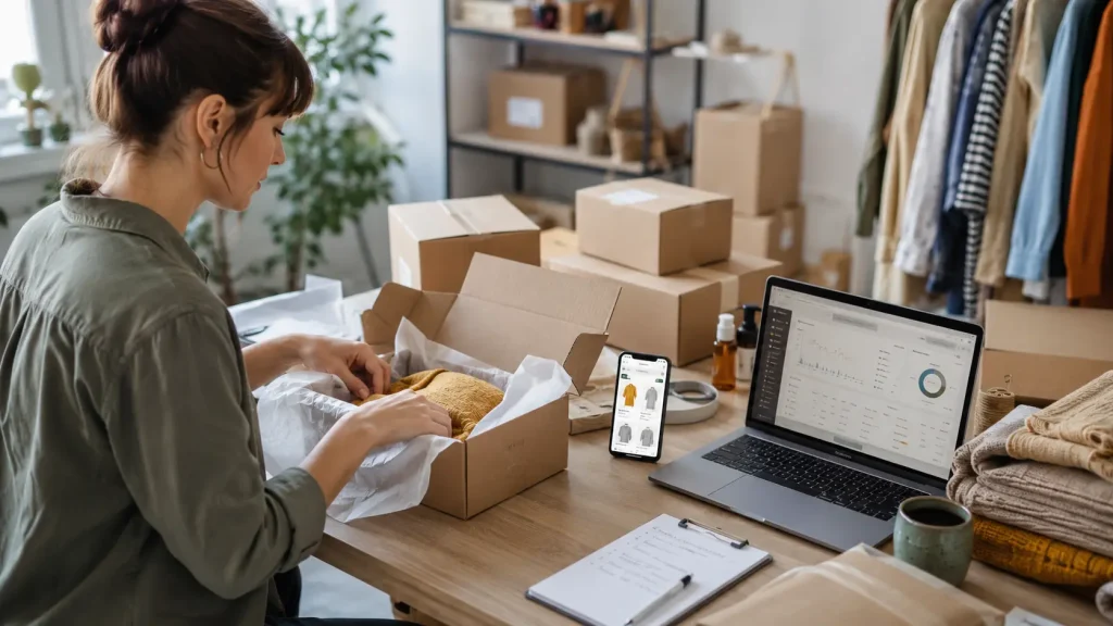 Kobieta pakuje zamówienie w sklepie internetowym obsługiwanym przez WooCommerce