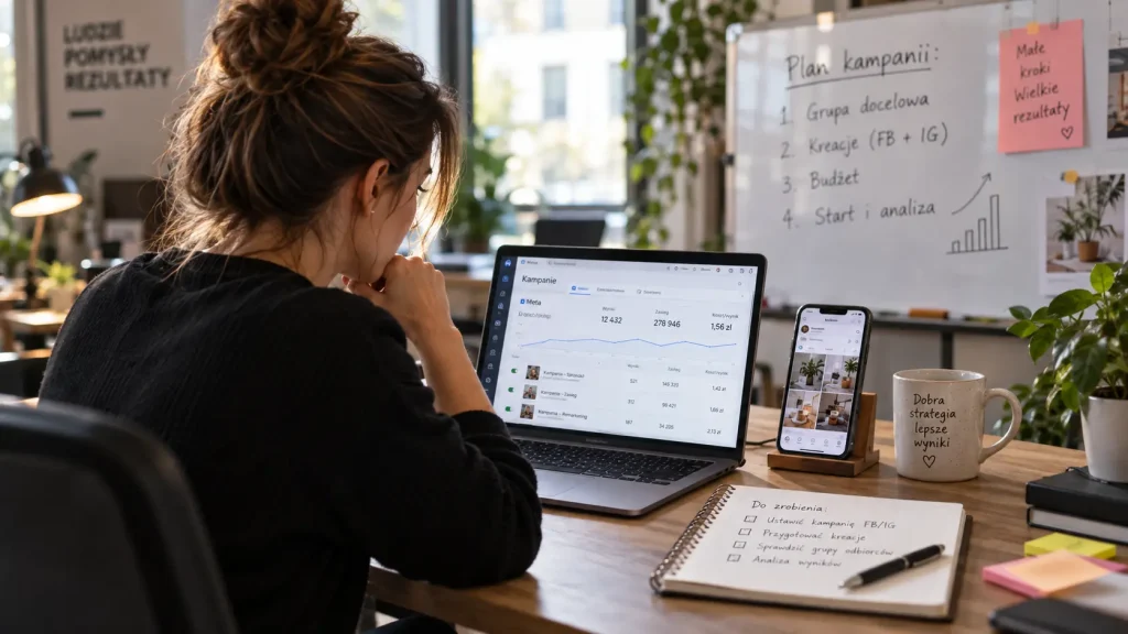 Planowanie reklamy na Facebooku i Instagramie przy laptopie