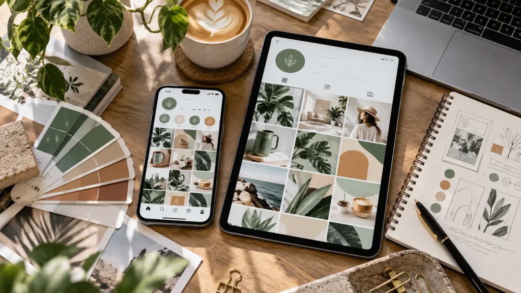 Grafiki na social media i spójny feed marki na ekranie telefonu i tabletu